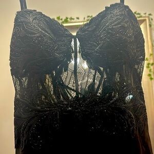 Strapless black lace butterfly top formal gown withh high slit
